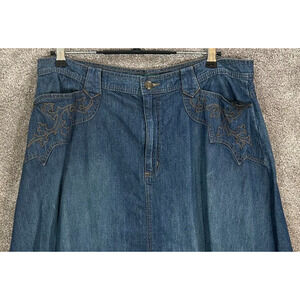 Lauren Jeans Co Skirt 16 Knee Length Blue Denim Embroidered‎ Fit & Flare Cowgirl